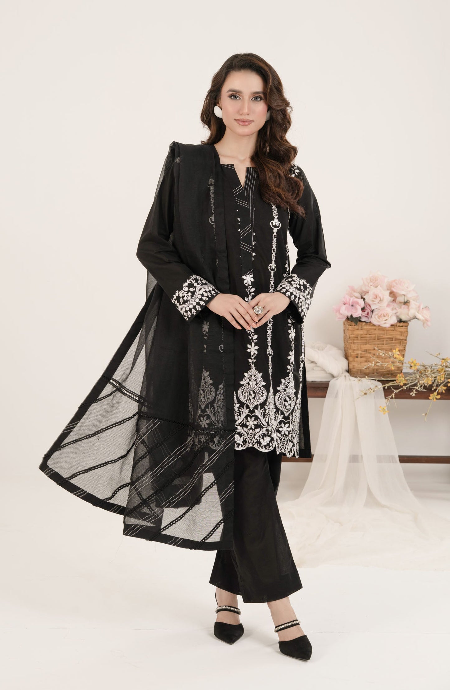 Shamooz Monochrome Embroidered Cotton Stitched 2 Piece Suit - SC-069 Dusky Black - SMZ25OMN - Summer Collection