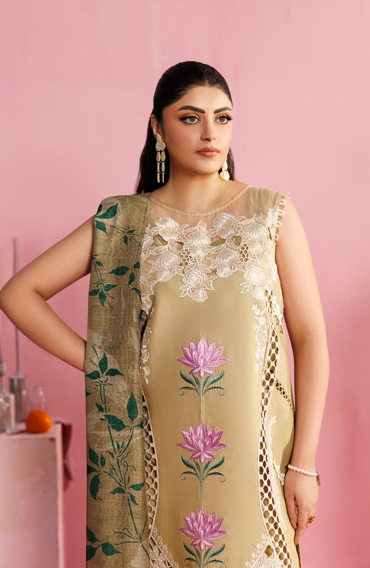 Shangrila by Parishay Embroidered Lawn Unstitched 3 Piece Suit - ANG-15 - PS26ANG - Fawn - Summer Collection