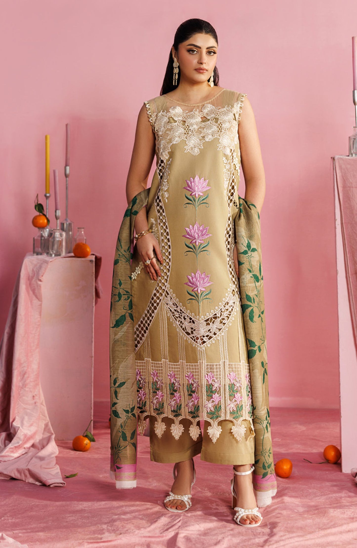 Shangrila by Parishay Embroidered Lawn Unstitched 3 Piece Suit - ANG-15 - PS26ANG - Fawn - Summer Collection