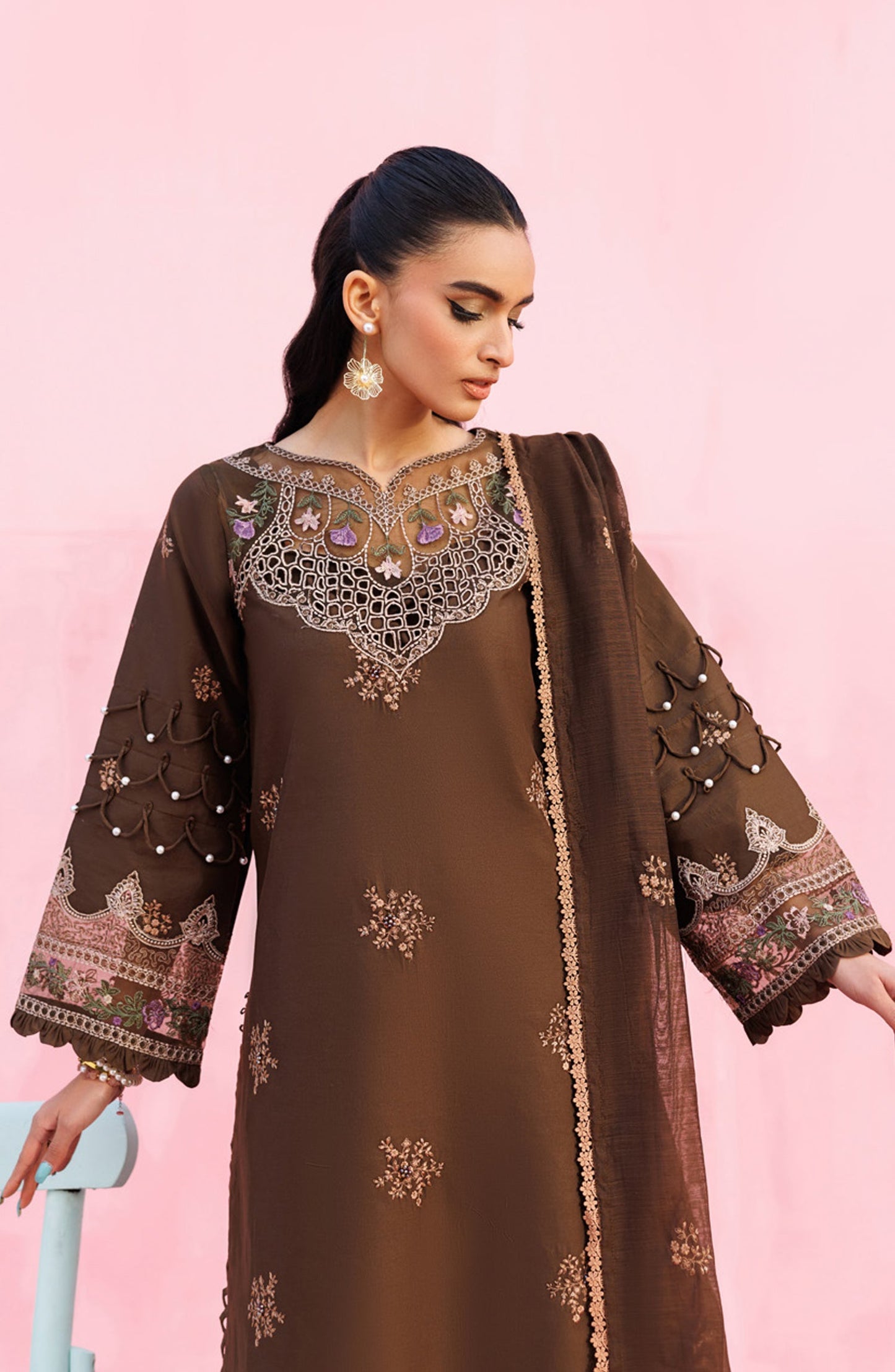 Shangrila by Parishay Embroidered Lawn Unstitched 3 Piece Suit - ANG-06 - PS26ANG - Brown - Summer Collection