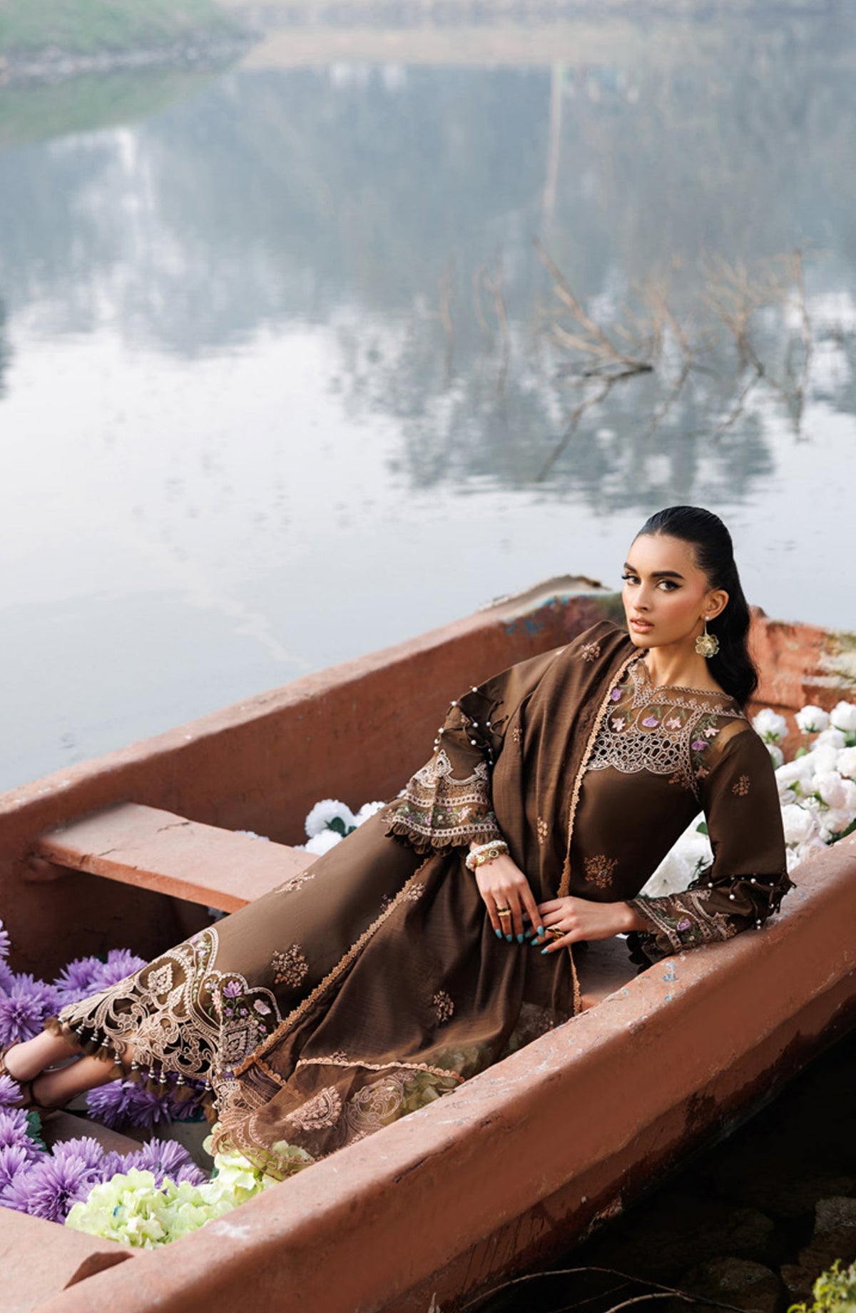 Shangrila by Parishay Embroidered Lawn Unstitched 3 Piece Suit - ANG-06 - PS26ANG - Brown - Summer Collection