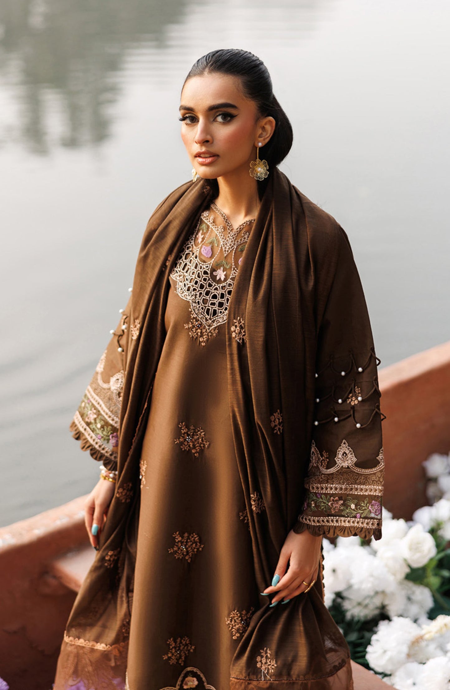 Shangrila by Parishay Embroidered Lawn Unstitched 3 Piece Suit - ANG-06 - PS26ANG - Brown - Summer Collection