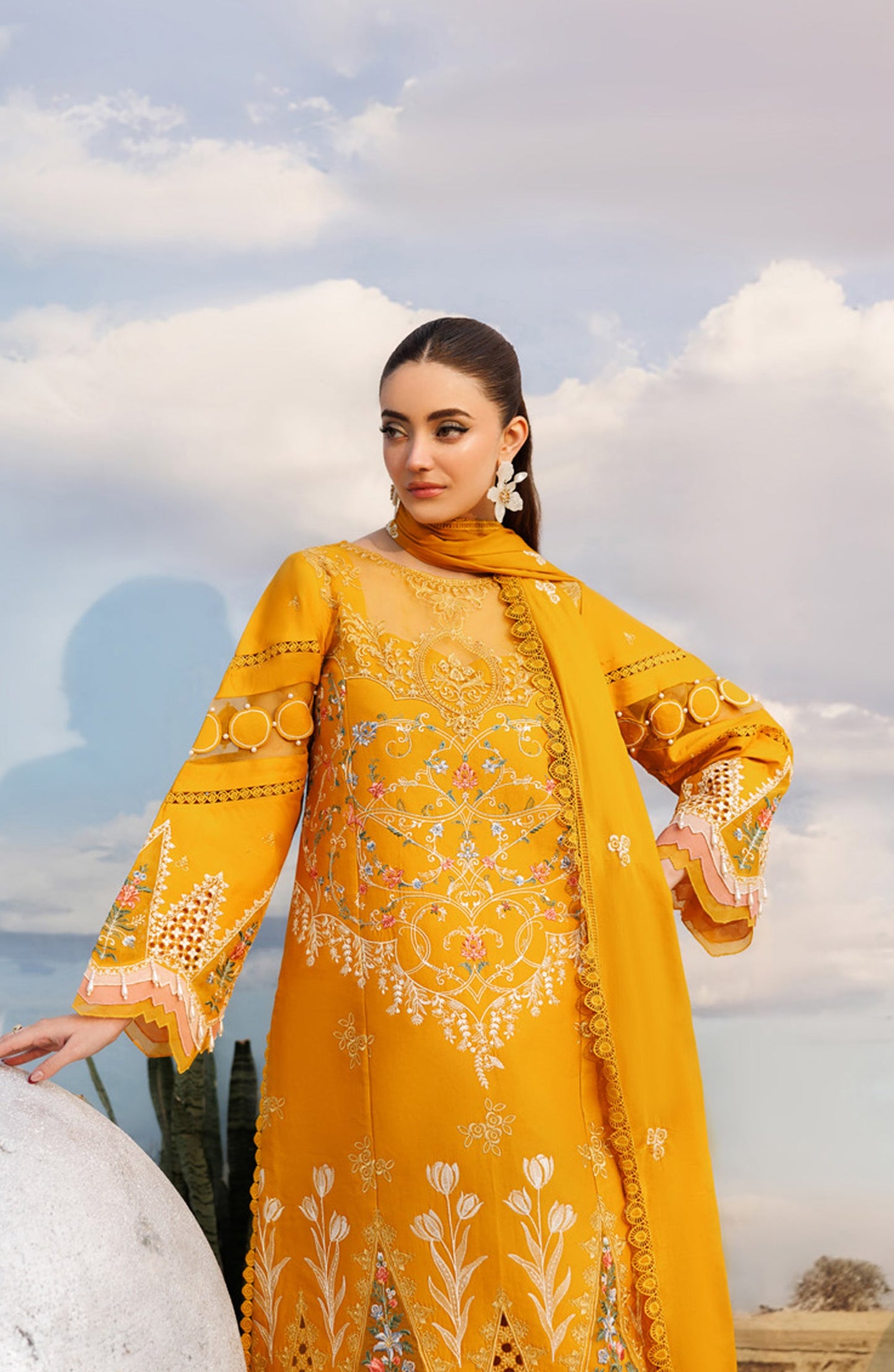 Shangrila by Parishay Embroidered Lawn Unstitched 3 Piece Suit - ANG-02 - PS26ANG - Mustard - Summer Collection