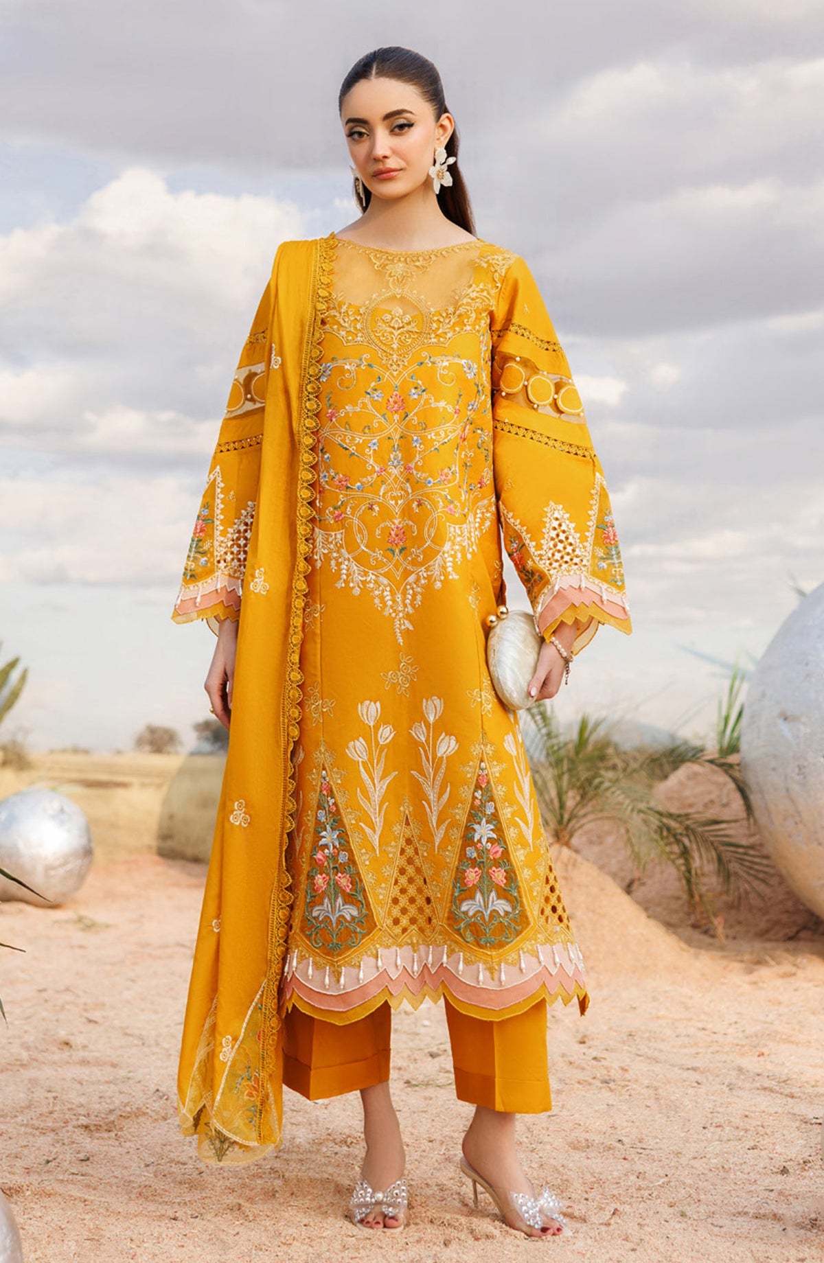 Shangrila by Parishay Embroidered Lawn Unstitched 3 Piece Suit - ANG-02 - PS26ANG - Mustard - Summer Collection