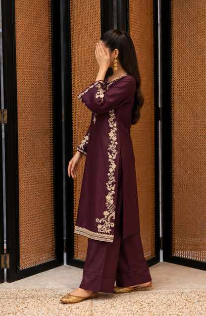 Shimmer by Amna Khadija Embroidered Shamooz Silk Stitched 2 Co-ord Set - AKSS-02 - AM26SMR - Purple - Casual Collection