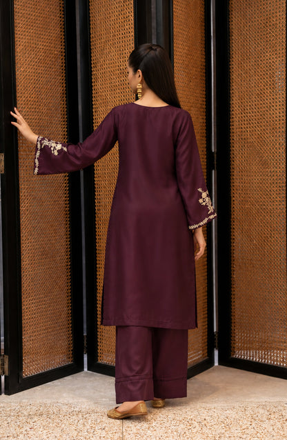 Shimmer by Amna Khadija Embroidered Shamooz Silk Stitched 2 Co-ord Set - AKSS-02 - AM26SMR - Purple - Casual Collection