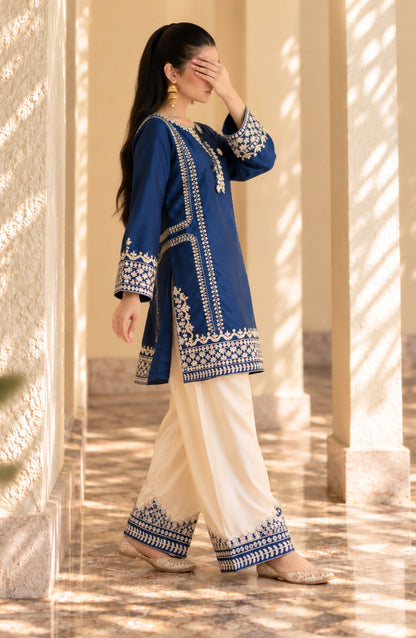 Shimmer by Amna Khadija Embroidered Shamooz Silk Stitched 2 Co-ord Set - AKSS-03 - AM26SMR - Blue - Casual Collection