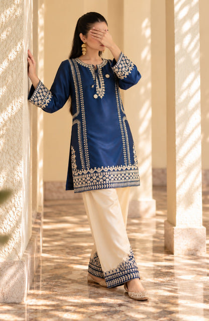 Shimmer by Amna Khadija Embroidered Shamooz Silk Stitched 2 Co-ord Set - AKSS-03 - AM26SMR - Blue - Casual Collection