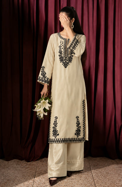 Shimmer by Amna Khadija Embroidered Shamooz Silk Stitched 2 Co-ord Set - AKSS-04 - AM26SMR - Off White - Casual Collection