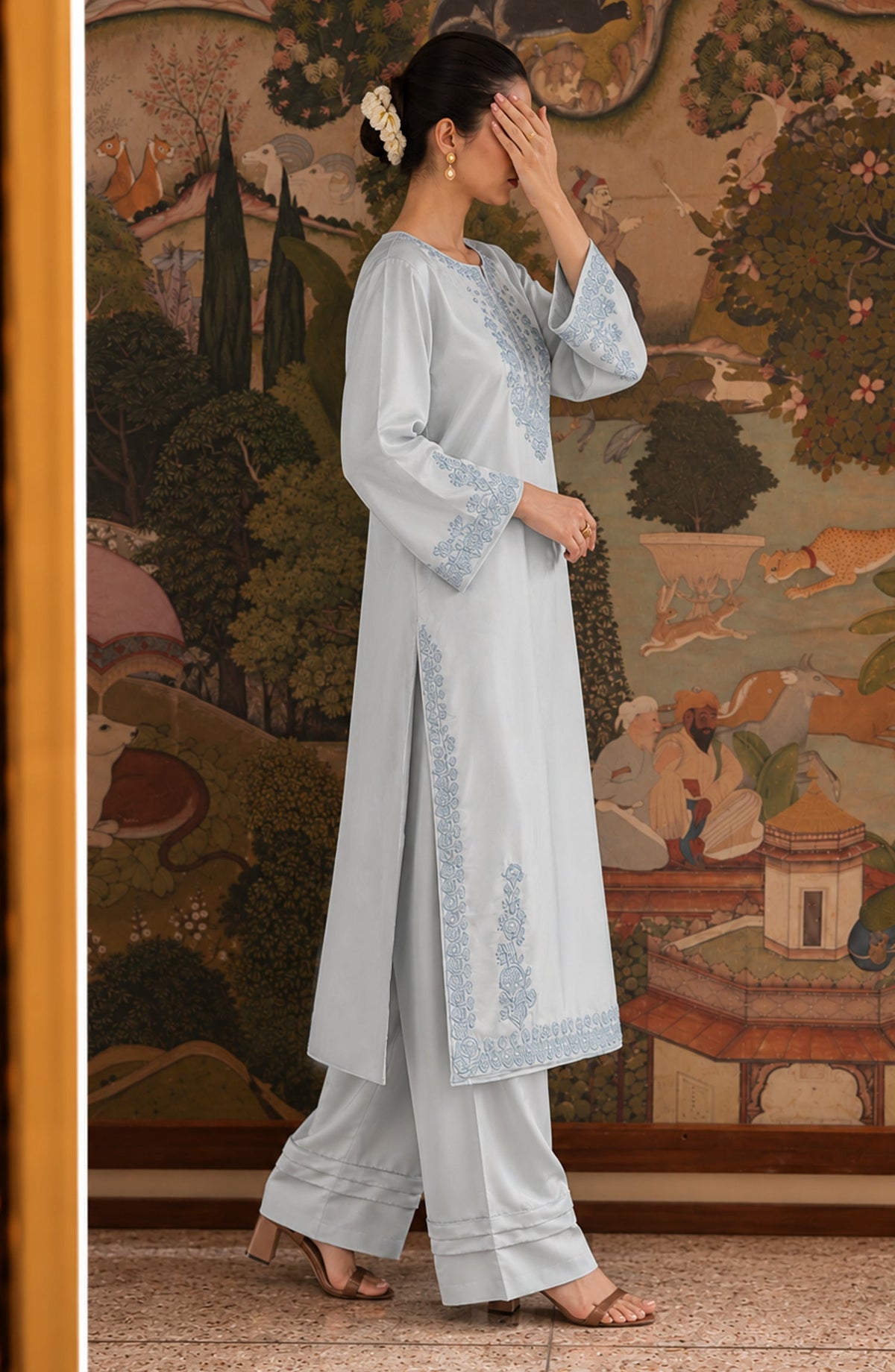 Shimmer by Amna Khadija Embroidered Shamooz Silk Stitched 2 Co-ord Set - AKSS-05 - AM26SMR - Ice Blue - Casual Collection