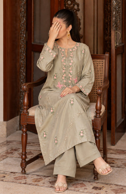Shimmer by Amna Khadija Embroidered Shamooz Silk Stitched 2 Co-ord Set - AKSS-06 - AM26SMR - Green - Casual Collection