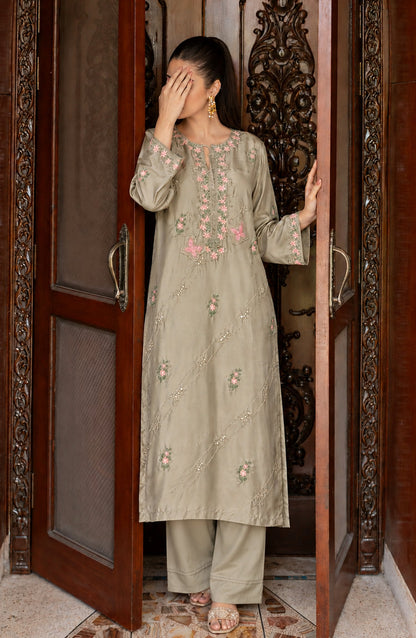 Shimmer by Amna Khadija Embroidered Shamooz Silk Stitched 2 Co-ord Set - AKSS-06 - AM26SMR - Green - Casual Collection