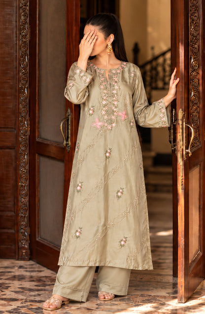 Shimmer by Amna Khadija Embroidered Shamooz Silk Stitched 2 Co-ord Set - AKSS-06 - AM26SMR - Green - Casual Collection