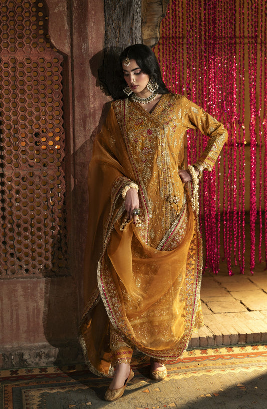 Singhar by Saad Shaikh X Meeral Luxury Embroidered Raw Silk Unstitched 3 Piece Suit - KAYA - SSH25SNG - Mustard - Festive Collection