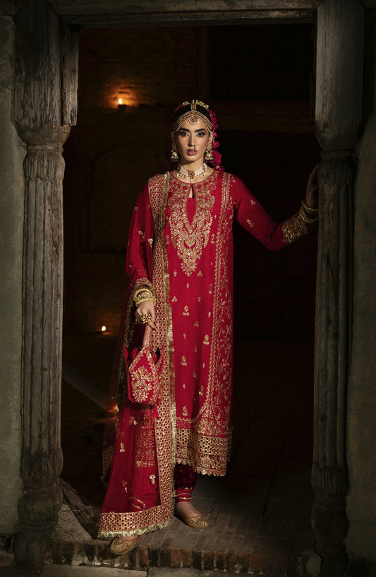 Singhar by Saad Shaikh X Meeral Luxury Embroidered Raw Silk Unstitched 3 Piece Suit - PASHMA - SSH25SNG - Red - Festive Collection