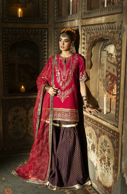 Singhar by Saad Shaikh X Meeral Luxury Embroidered Raw Silk Unstitched 3 Piece Suit - GULNAAR - SSH25SNG - Magenta - Festive Collection