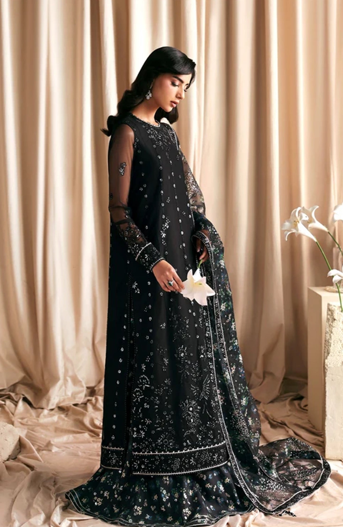 Siraya by Zarif Embroidered Net Unstitched 3 Piece Suit - 06 Kavish - ZRF26SRY - Black - Formal Collection