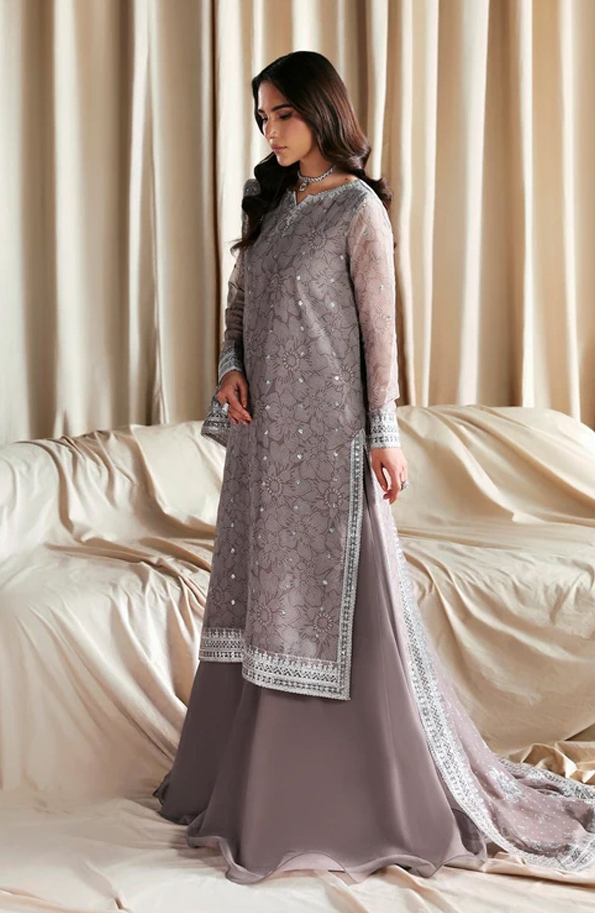 Siraya by Zarif Embroidered Chiffon Unstitched 3 Piece Suit - 05 Sitara - ZRF26SRY - Grey - Formal Collection