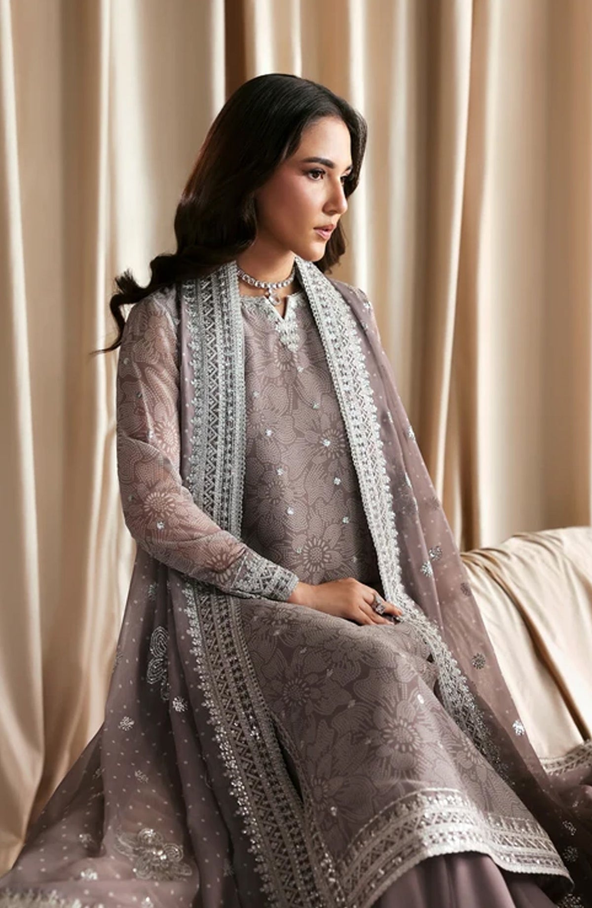 Siraya by Zarif Embroidered Chiffon Unstitched 3 Piece Suit - 05 Sitara - ZRF26SRY - Grey - Formal Collection