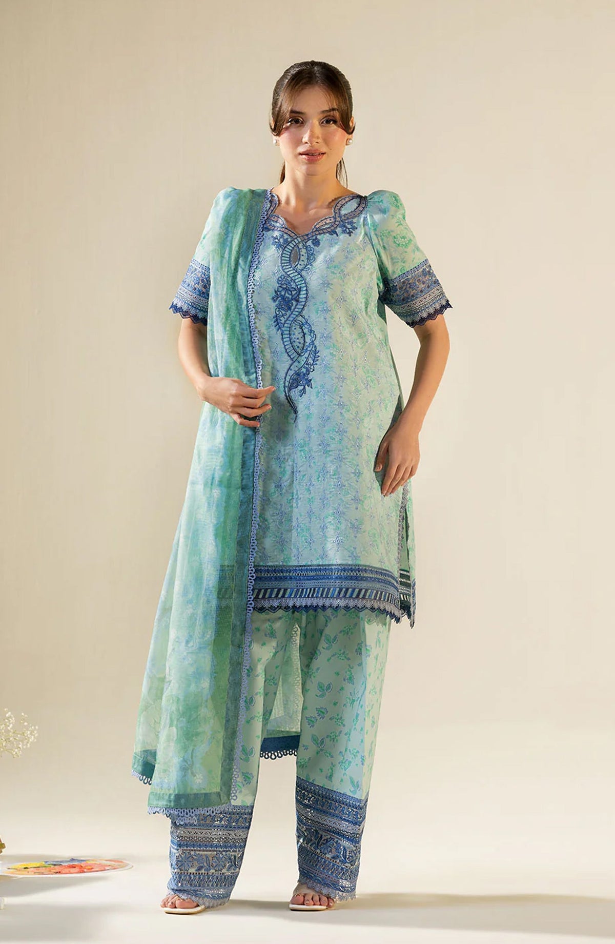 Sobia Nazir Vital Embroidered Lawn Unstitched 3 Piece Suit - 1B - SBN26VT - Sea Green - Summer Collection