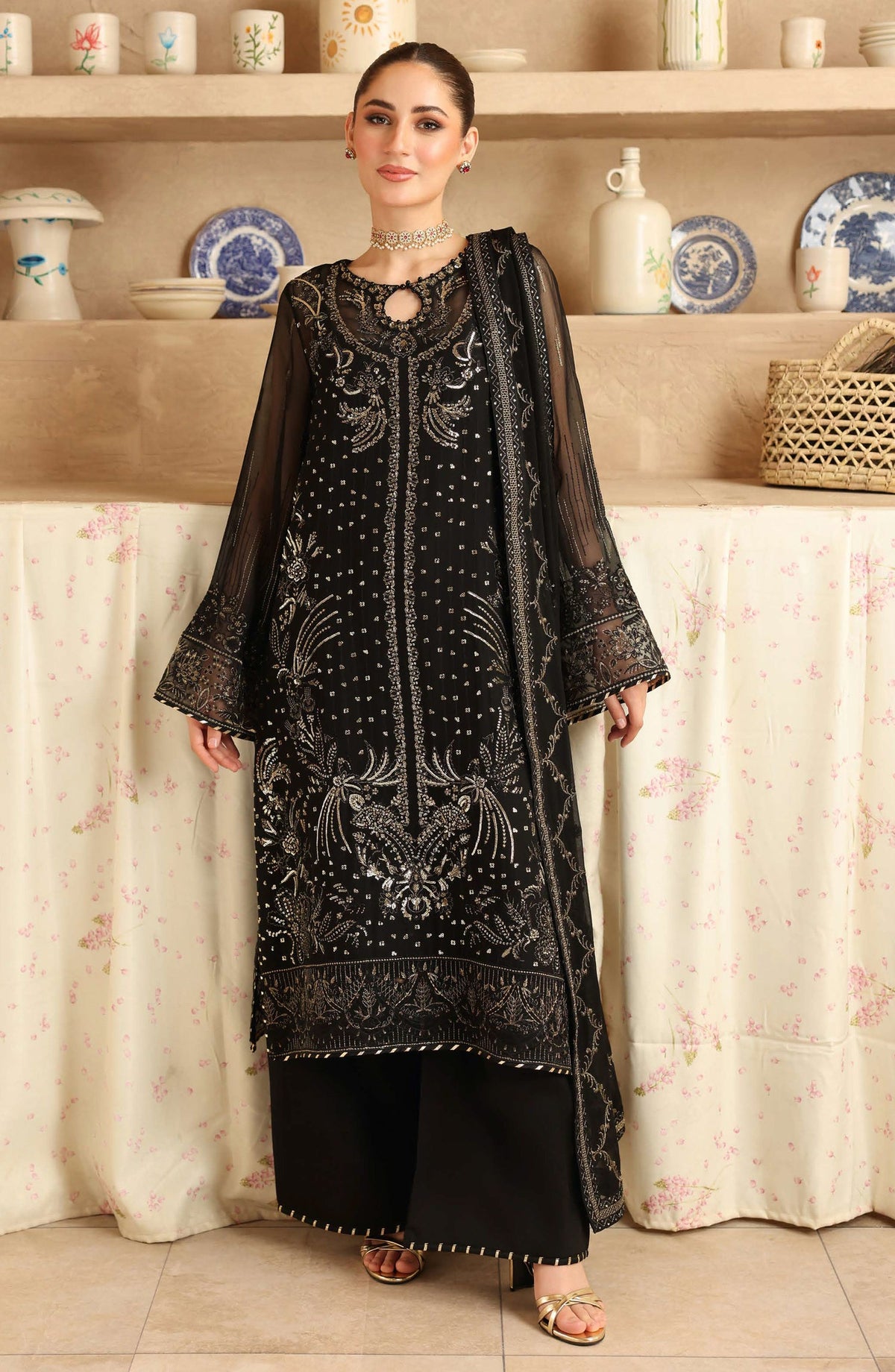 Sonehri by Ramsha Embroidered Chiffon Unstitched 3 Piece Suit - BB-206 - RM25SOHN - Black - Formals Collection