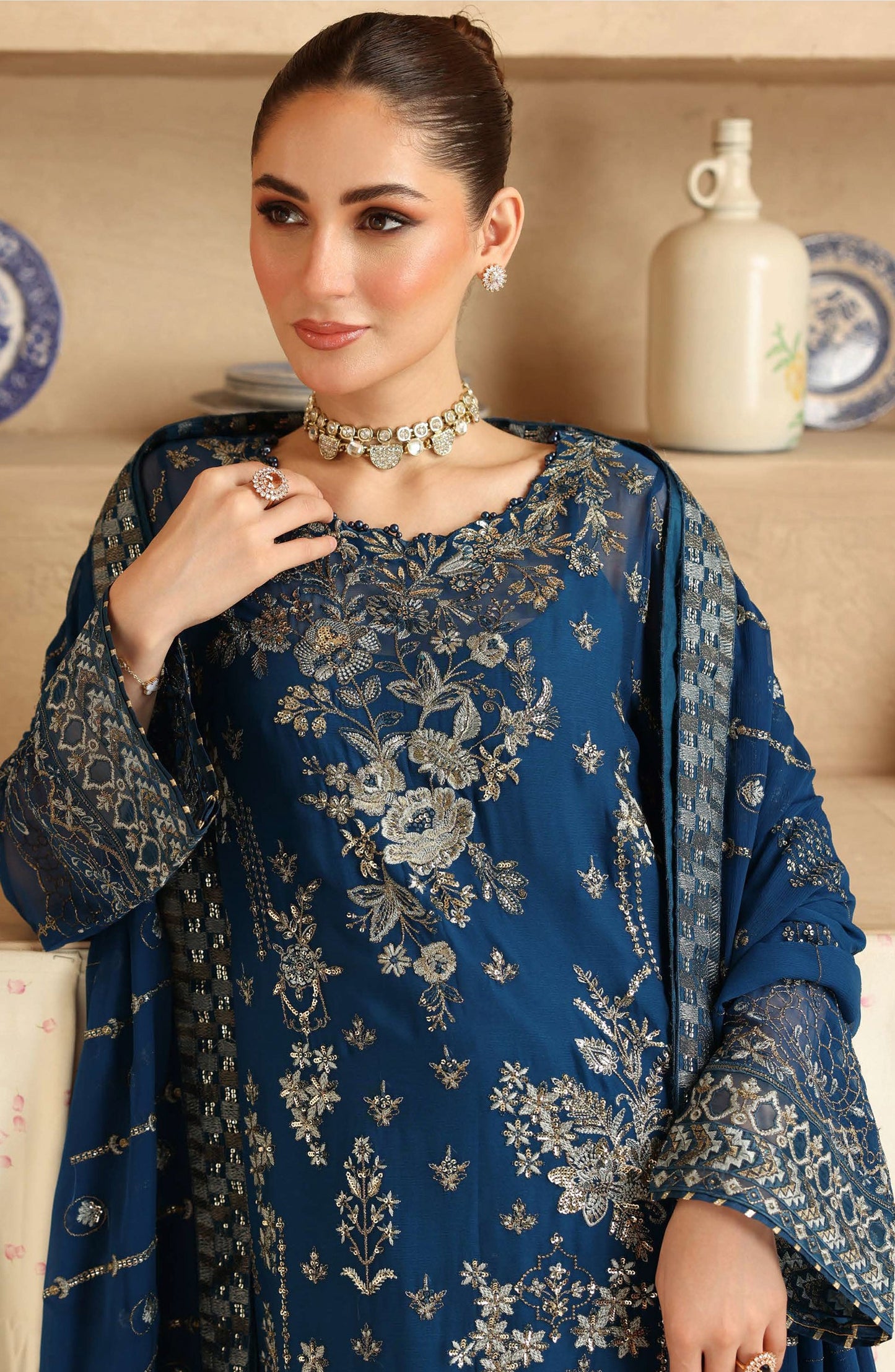 Sonehri by Ramsha Embroidered Chiffon Unstitched 3 Piece Suit - BB-202 - RM25SOHN - Blue - Formals Collection