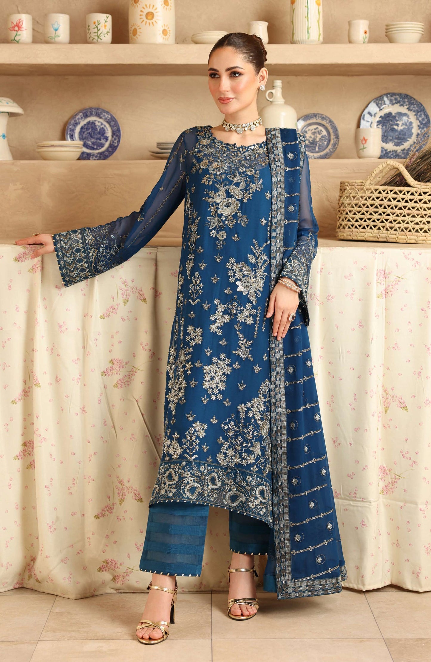 Sonehri by Ramsha Embroidered Chiffon Unstitched 3 Piece Suit - BB-202 - RM25SOHN - Blue - Formals Collection