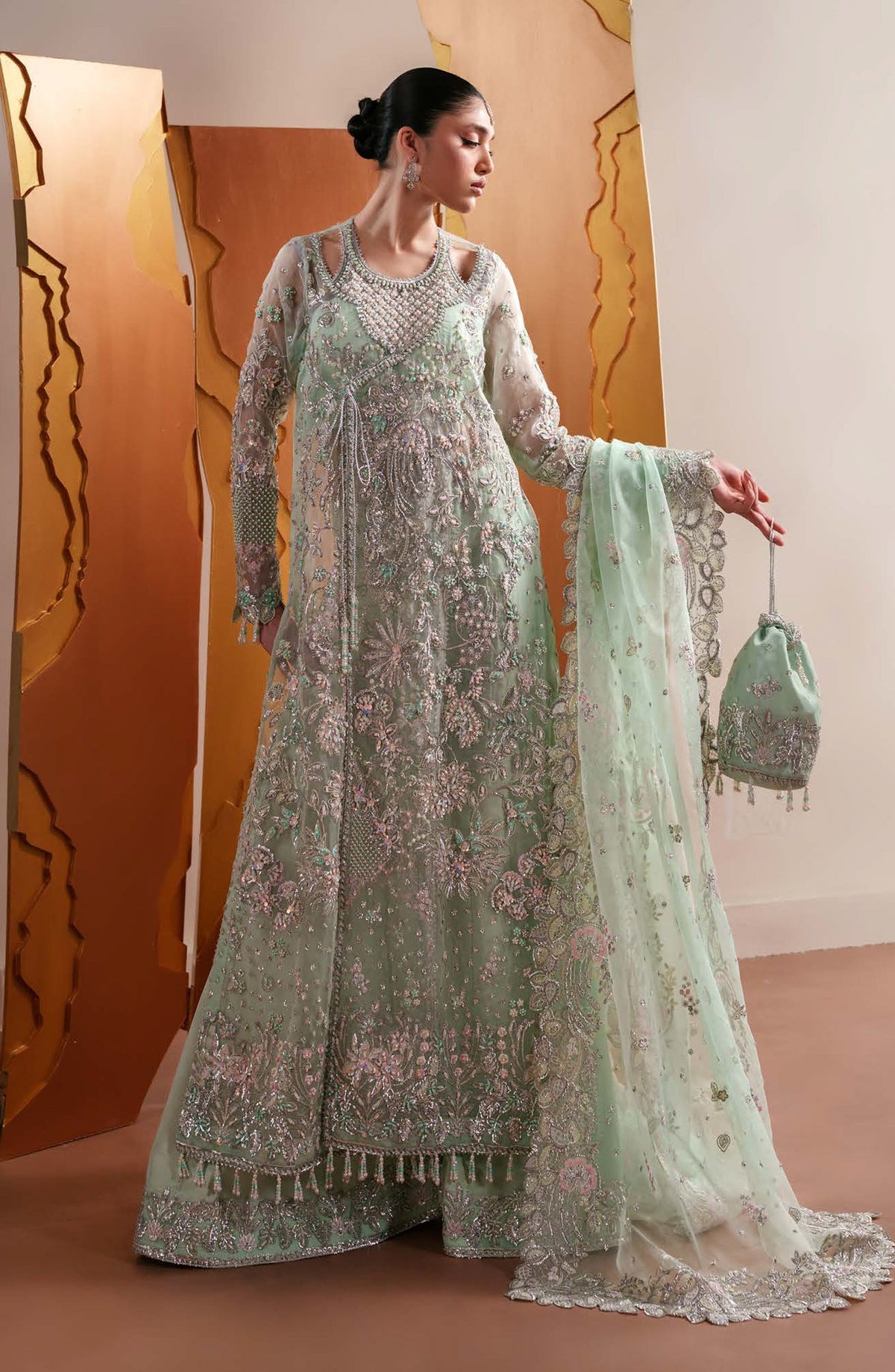 Starlit Jewels by Emaan Adeel Embroidered Organza Unstitched 3 Piece Suit - 06 Moonstone Gleam - ED26STJ - Green - Festive Collection