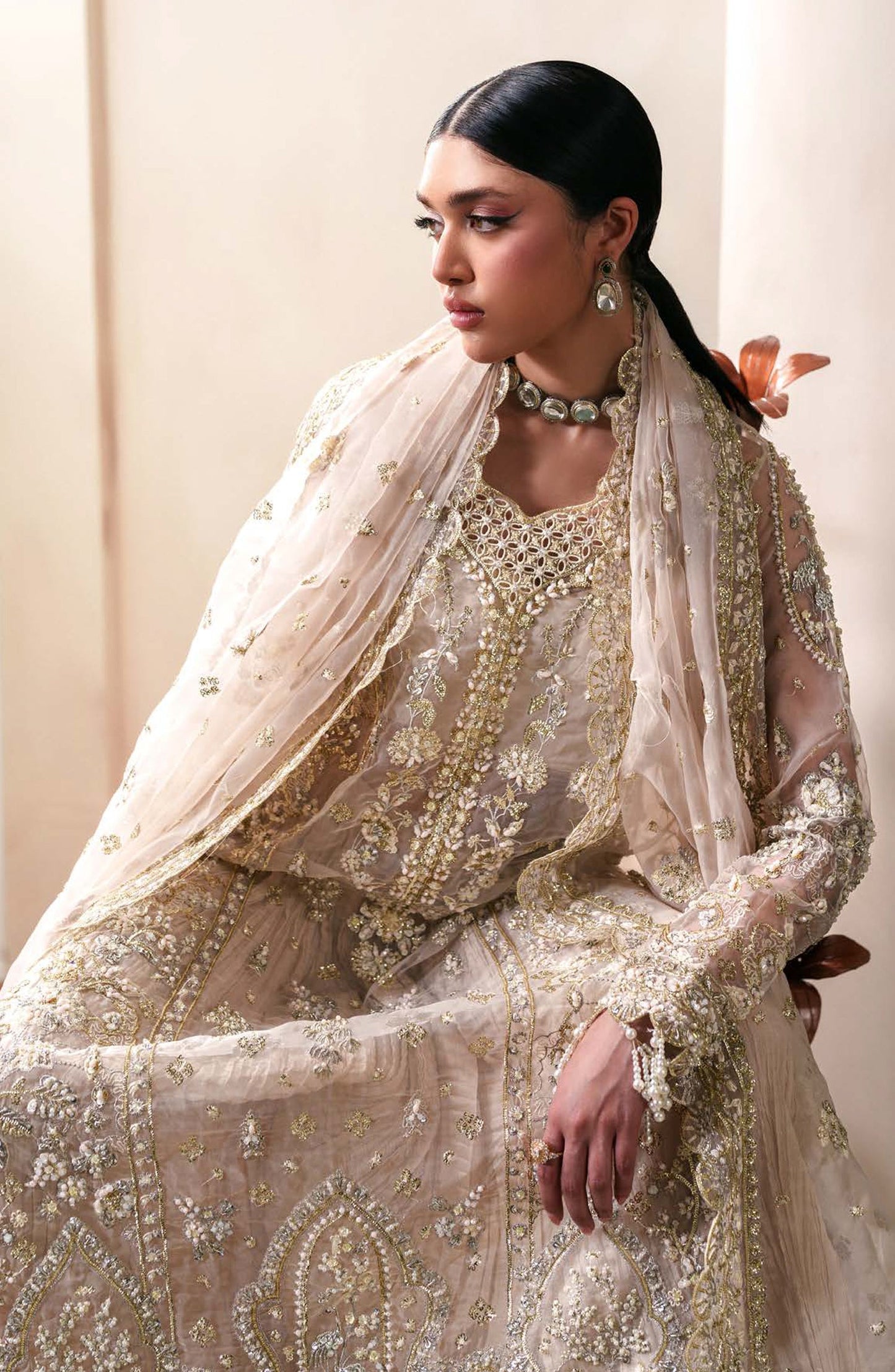 Starlit Jewels by Emaan Adeel Embroidered Organza Unstitched 3 Piece Suit - 03 Howlit - ED26STJ - Fawn - Festive Collection