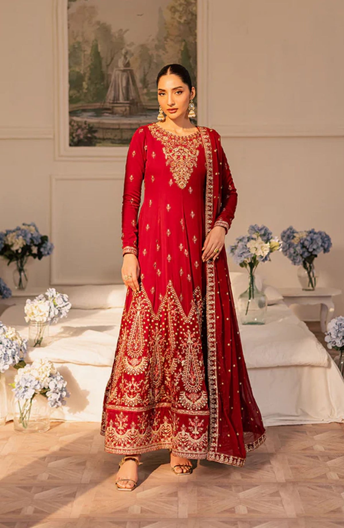 Suave by Emaan Adeel Embroidered Chiffon Unstitched 3 Piece Suit - CIREL - ED25SVF - Red - Festive Collection