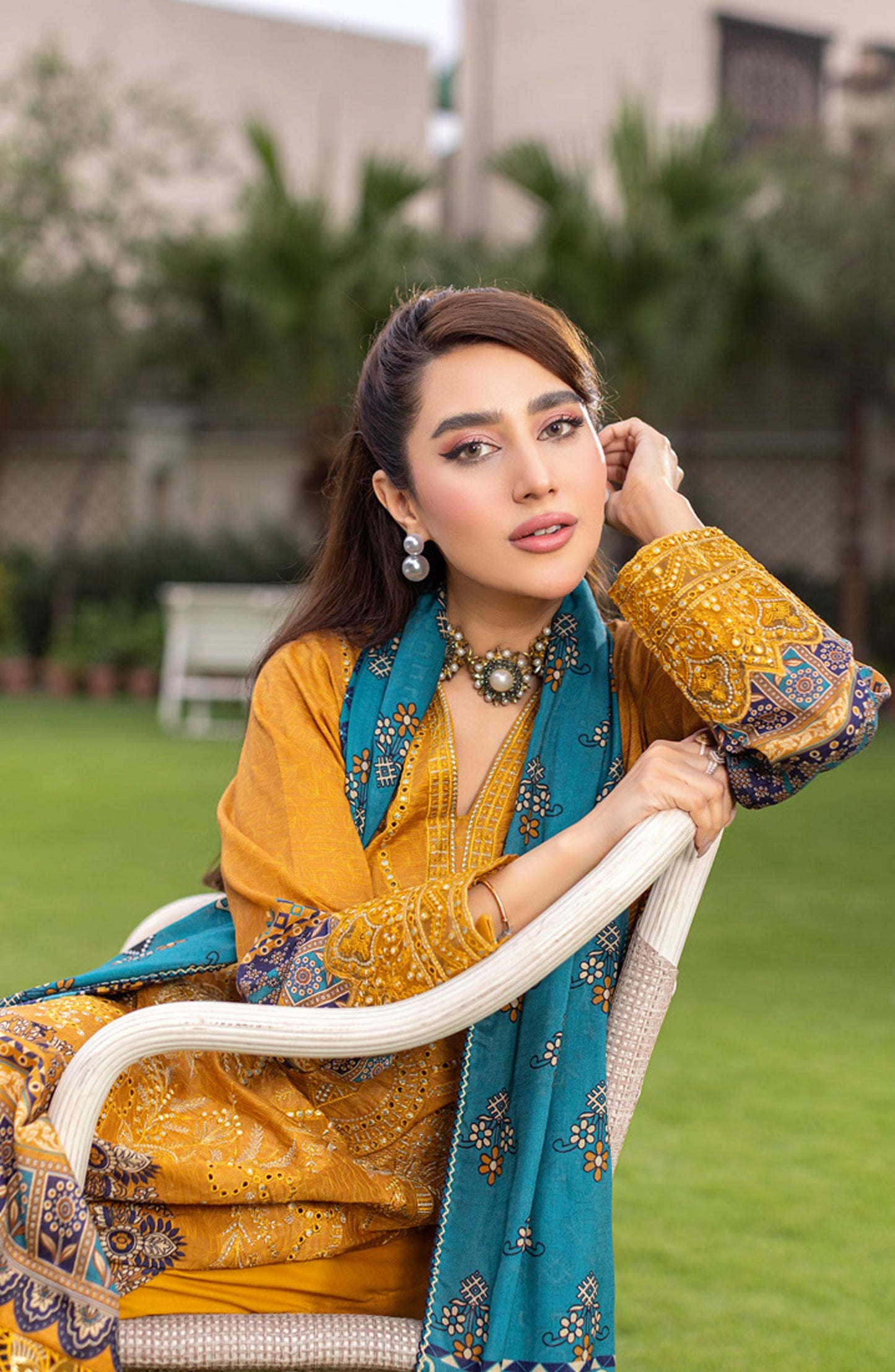 Sub Rang by Al Karim Embroidered Lawn Unstitched 3 Piece Suit - DP-2826 - AK26SUBR - Mustard - Summer Collection