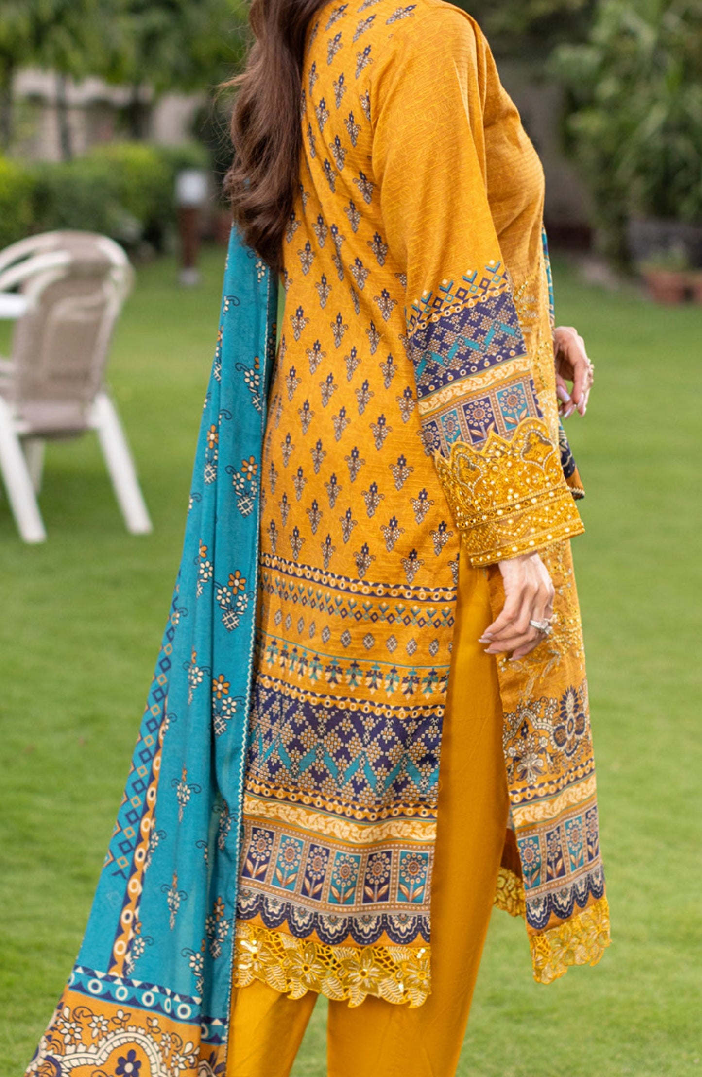 Sub Rang by Al Karim Embroidered Lawn Unstitched 3 Piece Suit - DP-2826 - AK26SUBR - Mustard - Summer Collection