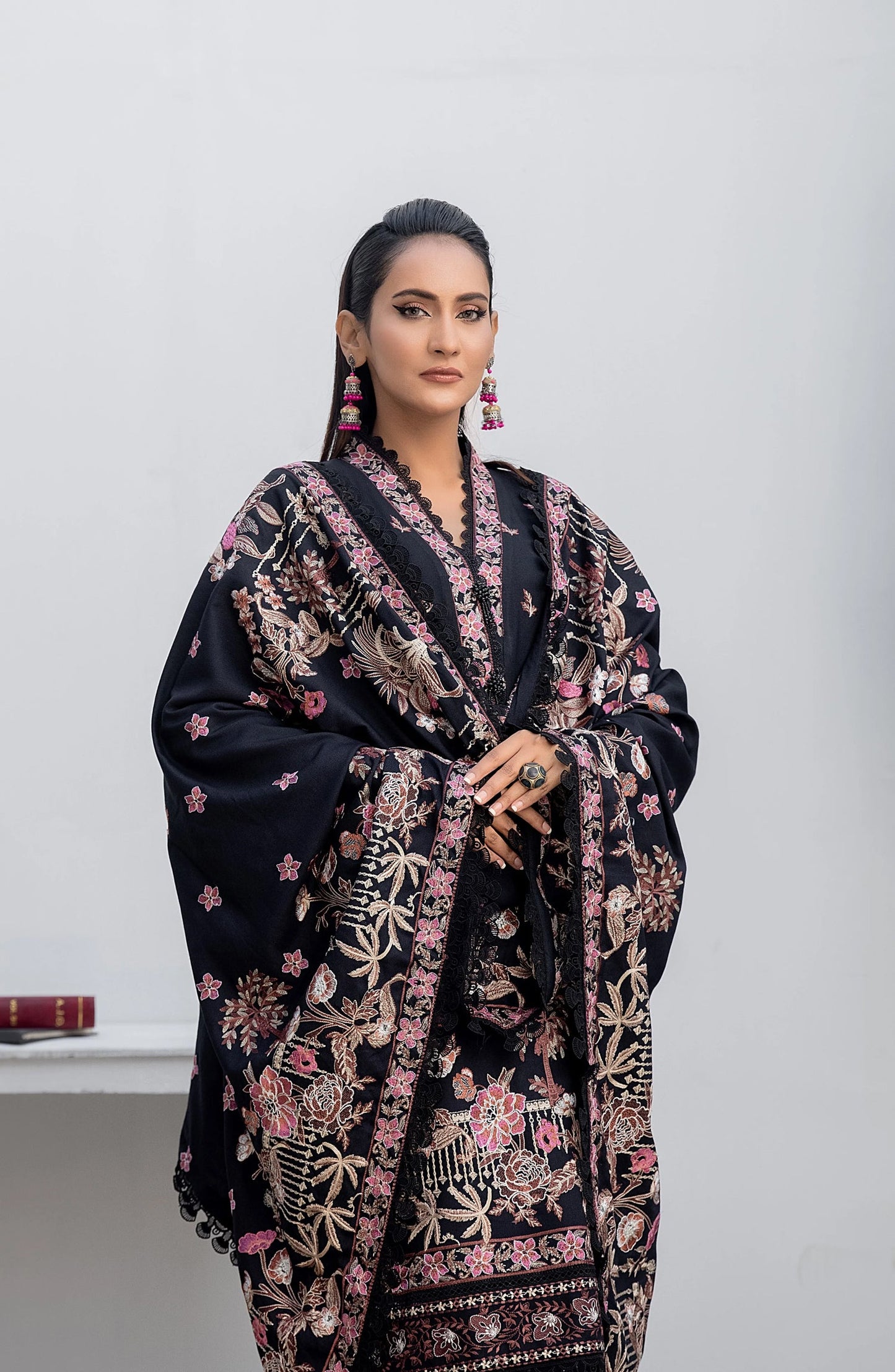 Threads N Weaves Embroidered Dhanak Unstitched 3 Piece Suit - D23108 - TNW25WD - Midnight Black - Winter Collection