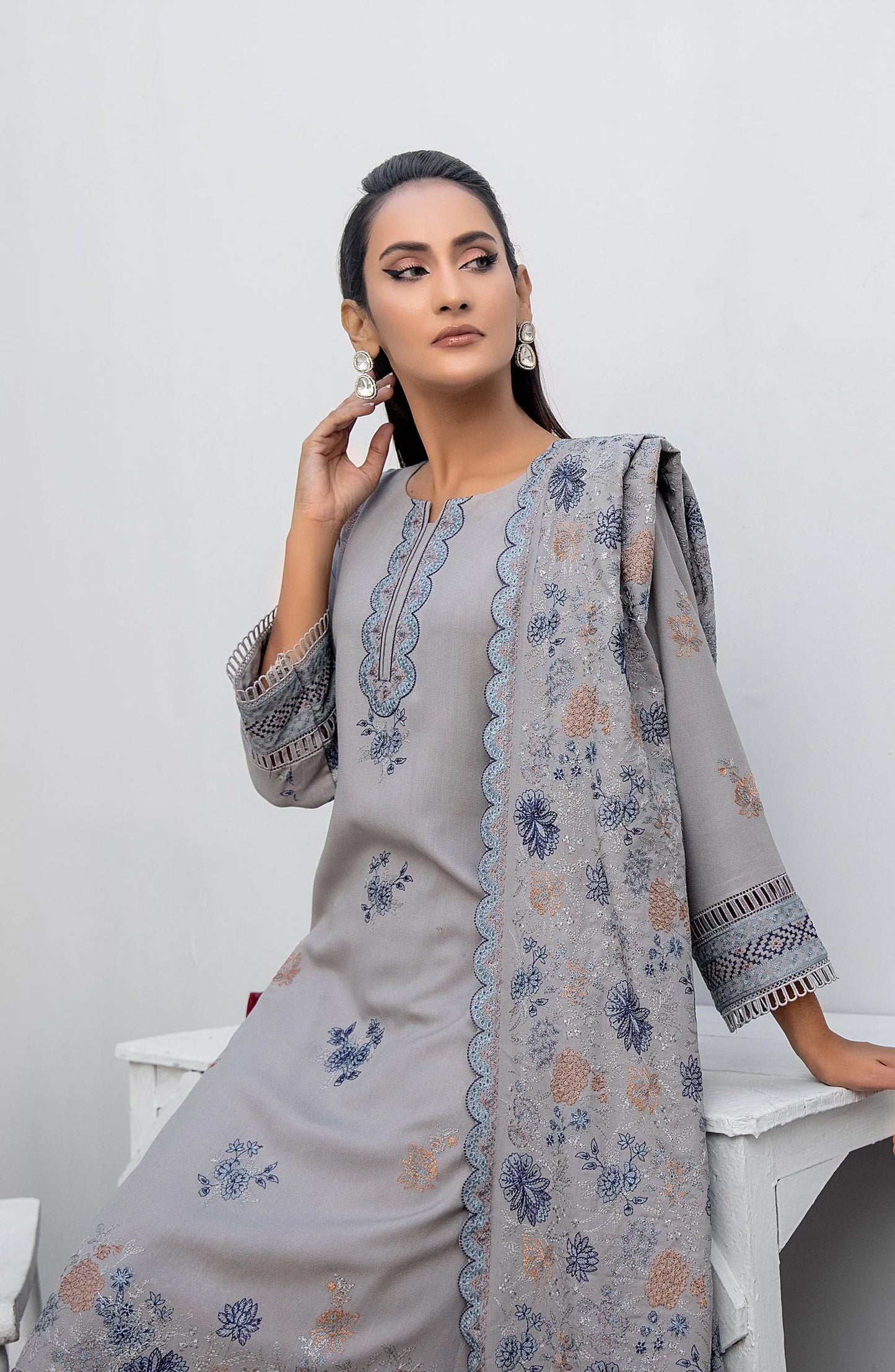 Threads N Weaves Embroidered Dhanak Unstitched 3 Piece Suit - D23107 - TNW25WD - Frost Grey - Winter Collection