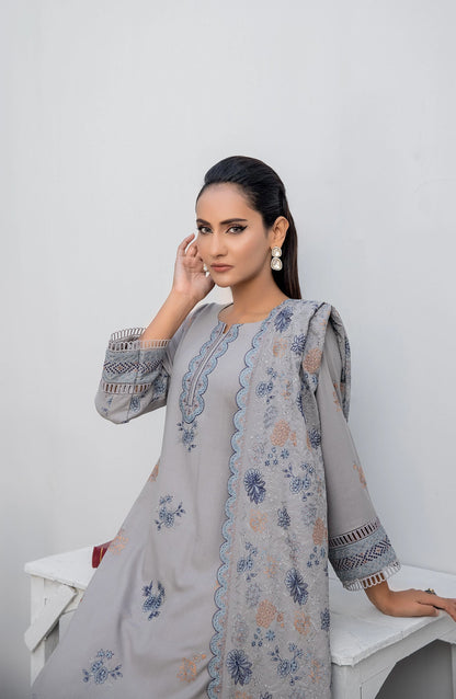 Threads N Weaves Embroidered Dhanak Unstitched 3 Piece Suit - D23107 - TNW25WD - Frost Grey - Winter Collection