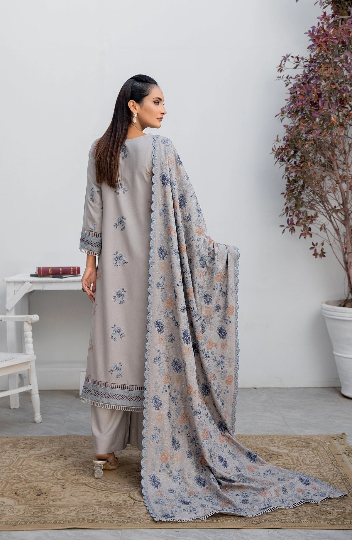 Threads N Weaves Embroidered Dhanak Unstitched 3 Piece Suit - D23107 - TNW25WD - Frost Grey - Winter Collection