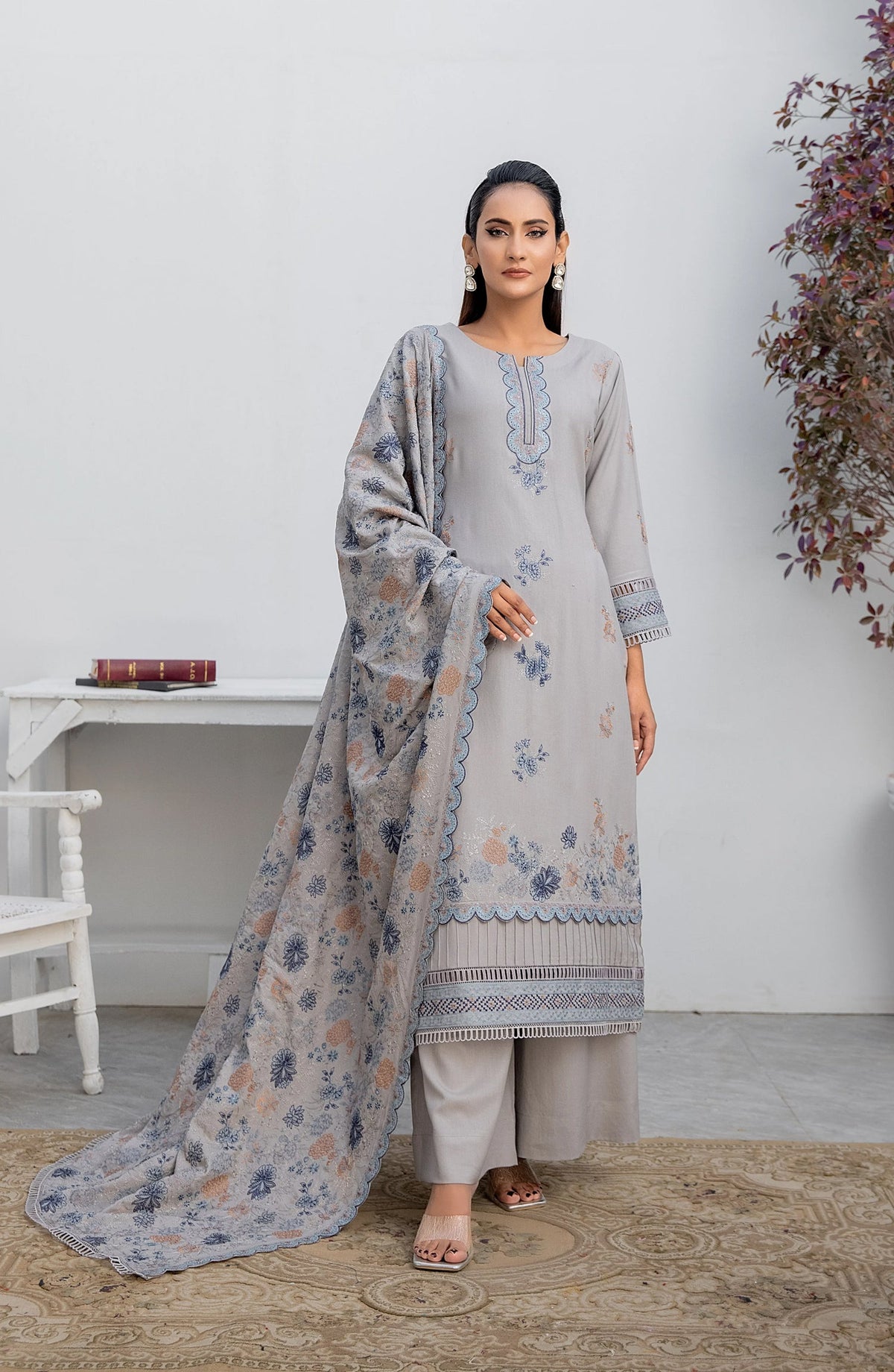 Threads N Weaves Embroidered Dhanak Unstitched 3 Piece Suit - D23107 - TNW25WD - Frost Grey - Winter Collection