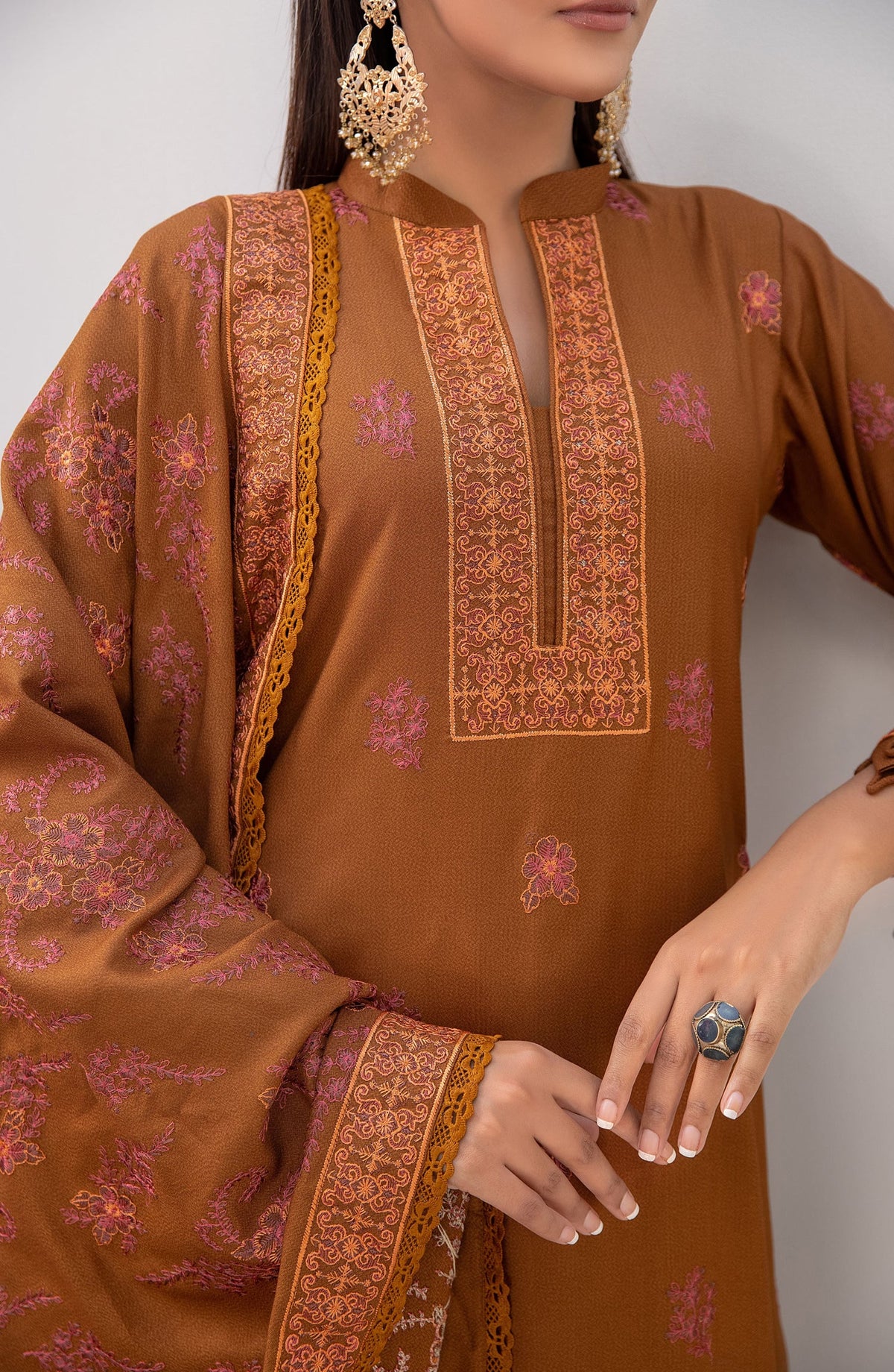 Threads N Weaves Embroidered Dhanak Unstitched 3 Piece Suit - D23104 - TNW25WD - Cinnamon Brown - Winter Collection