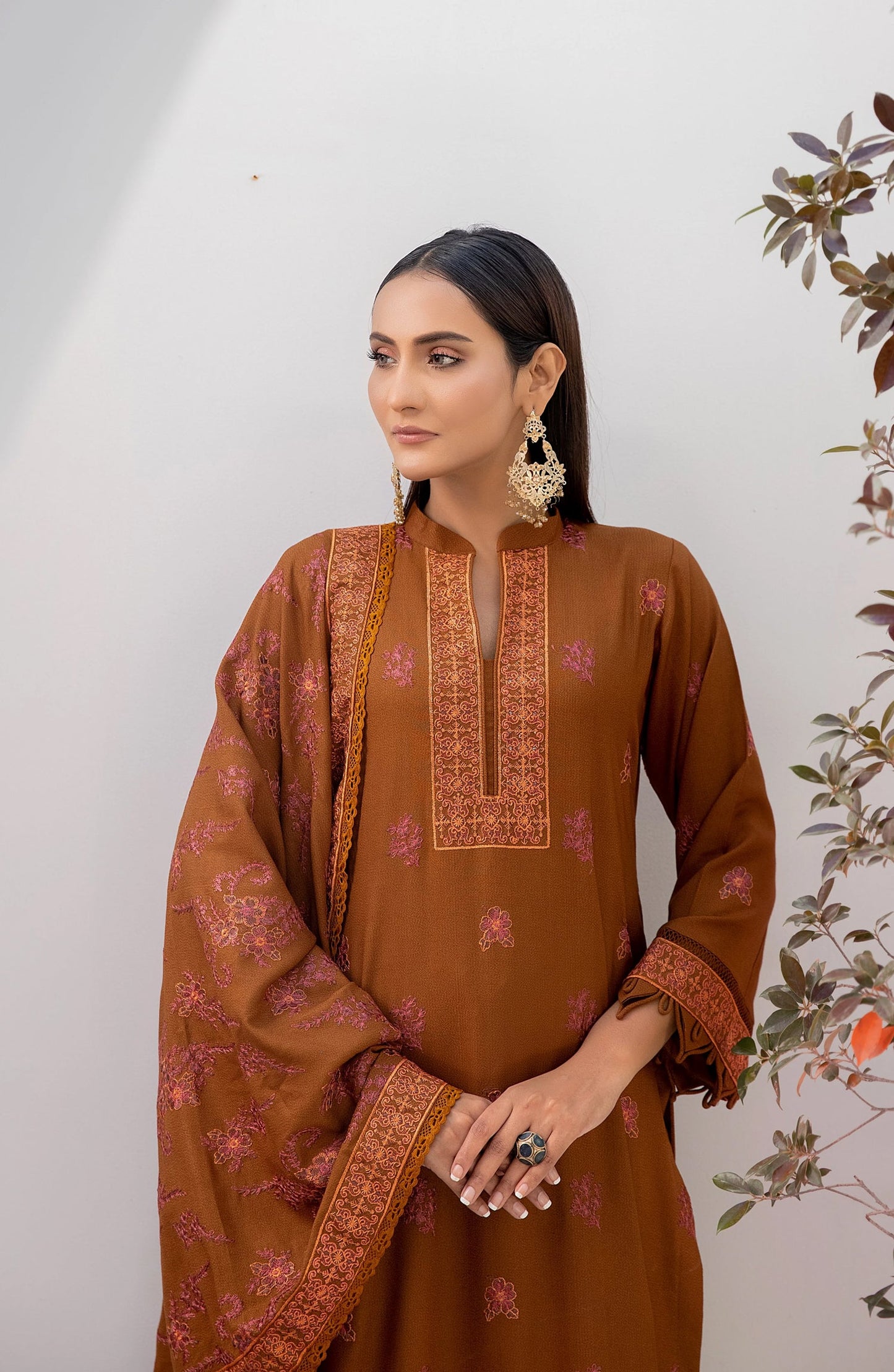 Threads N Weaves Embroidered Dhanak Unstitched 3 Piece Suit - D23104 - TNW25WD - Cinnamon Brown - Winter Collection