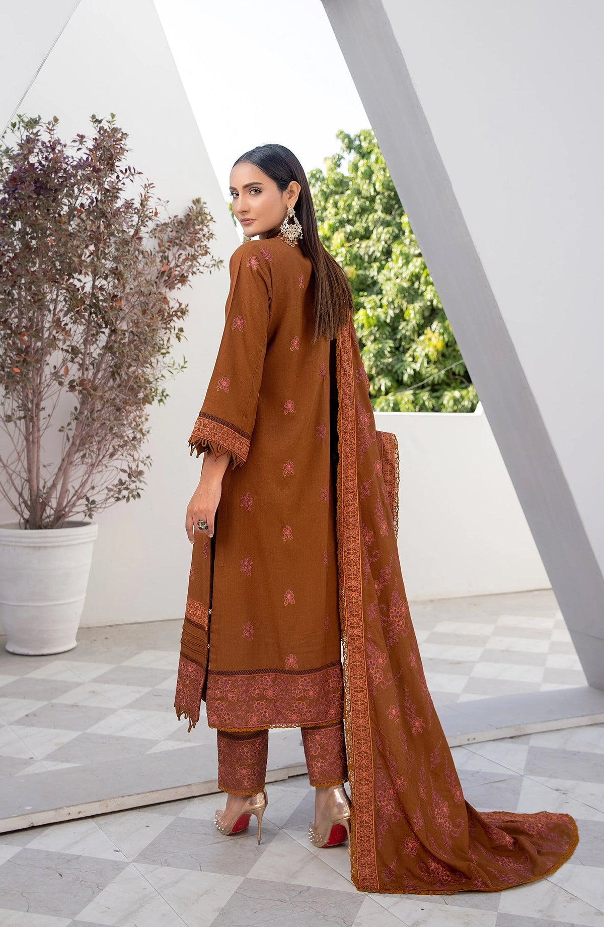 Threads N Weaves Embroidered Dhanak Unstitched 3 Piece Suit - D23104 - TNW25WD - Cinnamon Brown - Winter Collection
