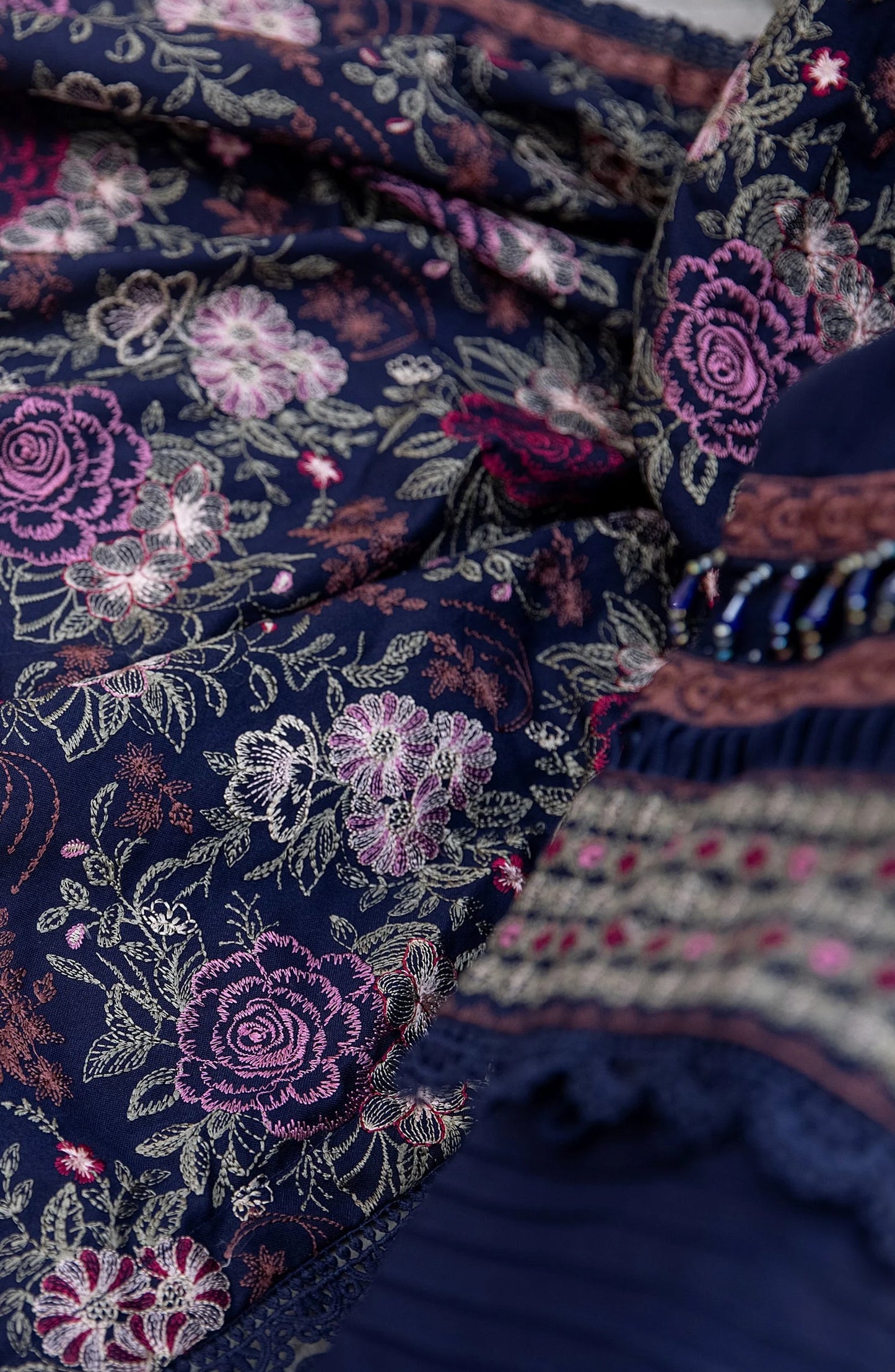 Threads N Weaves Embroidered Dhanak Unstitched 3 Piece Suit - D23103 - TNW25WD - Navy Blue - Winter Collection