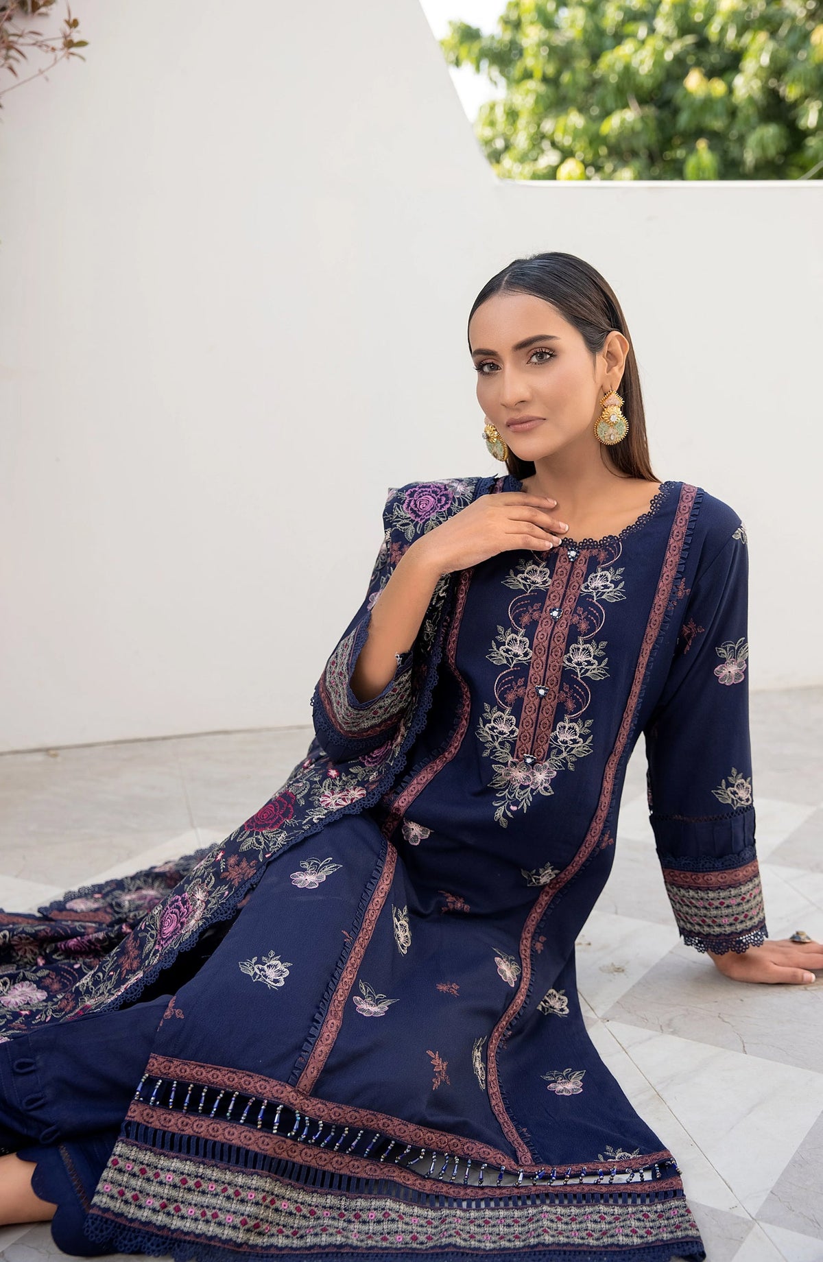 Threads N Weaves Embroidered Dhanak Unstitched 3 Piece Suit - D23103 - TNW25WD - Navy Blue - Winter Collection