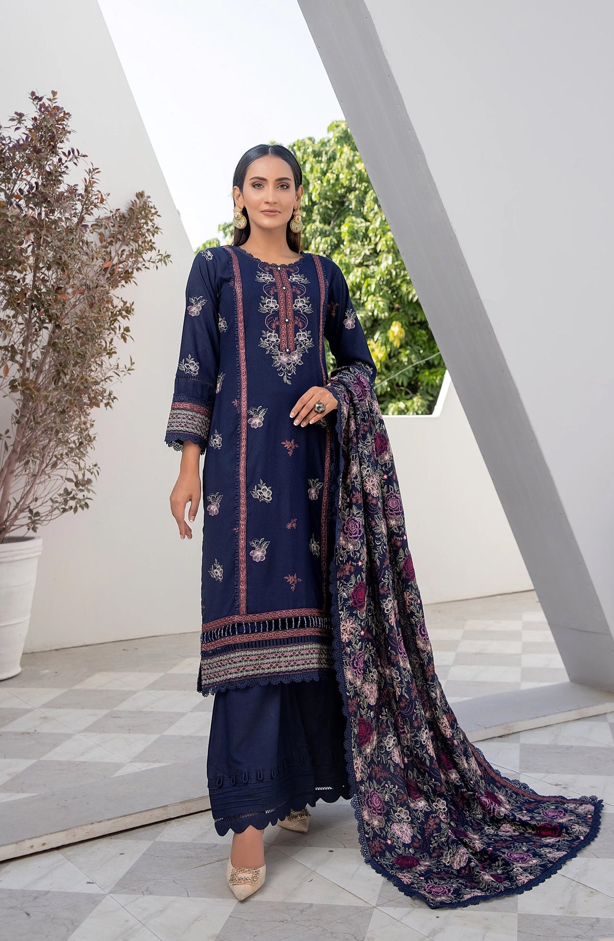 Threads N Weaves Embroidered Dhanak Unstitched 3 Piece Suit - D23103 - TNW25WD - Navy Blue - Winter Collection