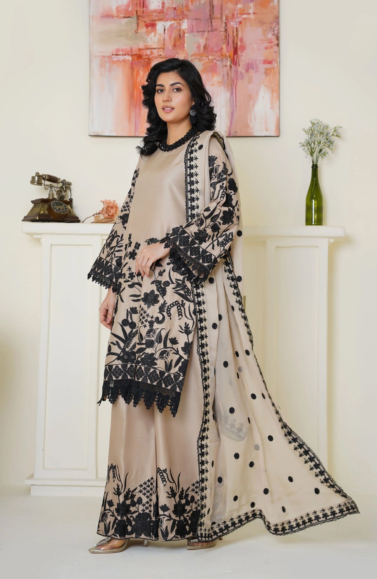 Threads & Weaves Chic Beige & Black Embroidered Viscose 3-Piece Suit - Ready to Wear TNW25VSC