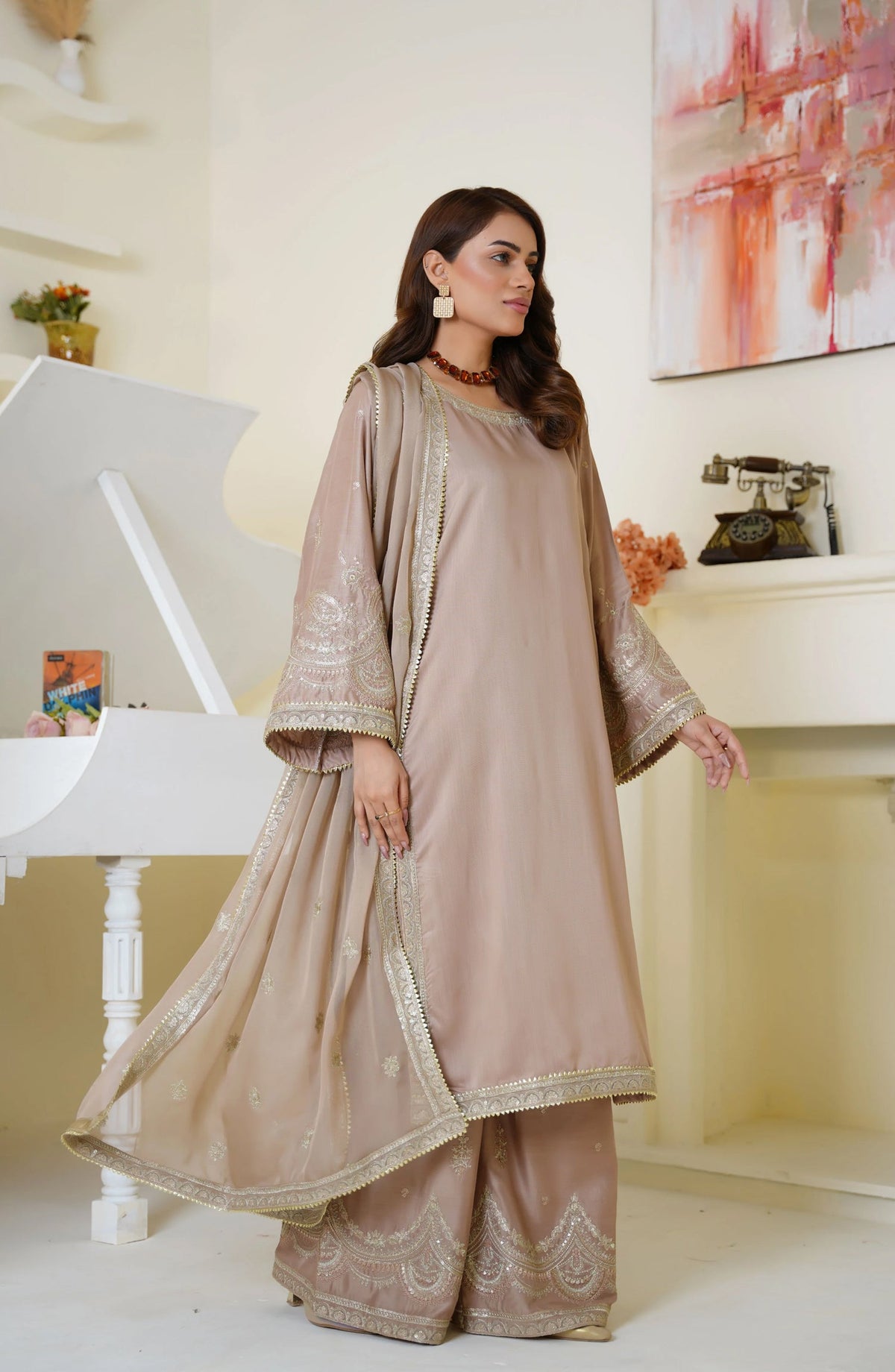 Threads & Weaves Champagne Beige Embroidered Viscose 3-Piece Suit Ready to Wear TNW25VSC