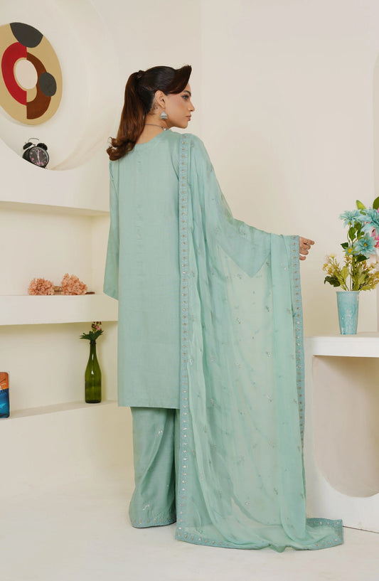 Threads & Weaves Pastel Sea Green Solid 3-Piece Ready-to-Wear Suit with Embroidered Dupatta & Trouser TNW25LN