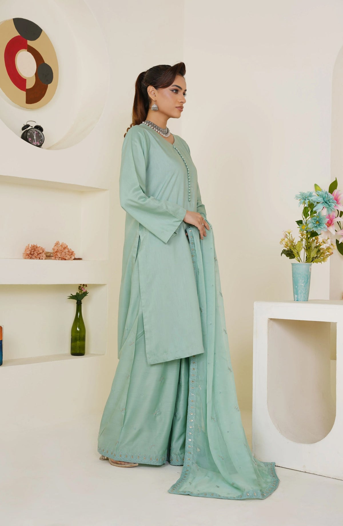 Threads & Weaves Pastel Sea Green Solid 3-Piece Ready-to-Wear Suit with Embroidered Dupatta & Trouser TNW25LN