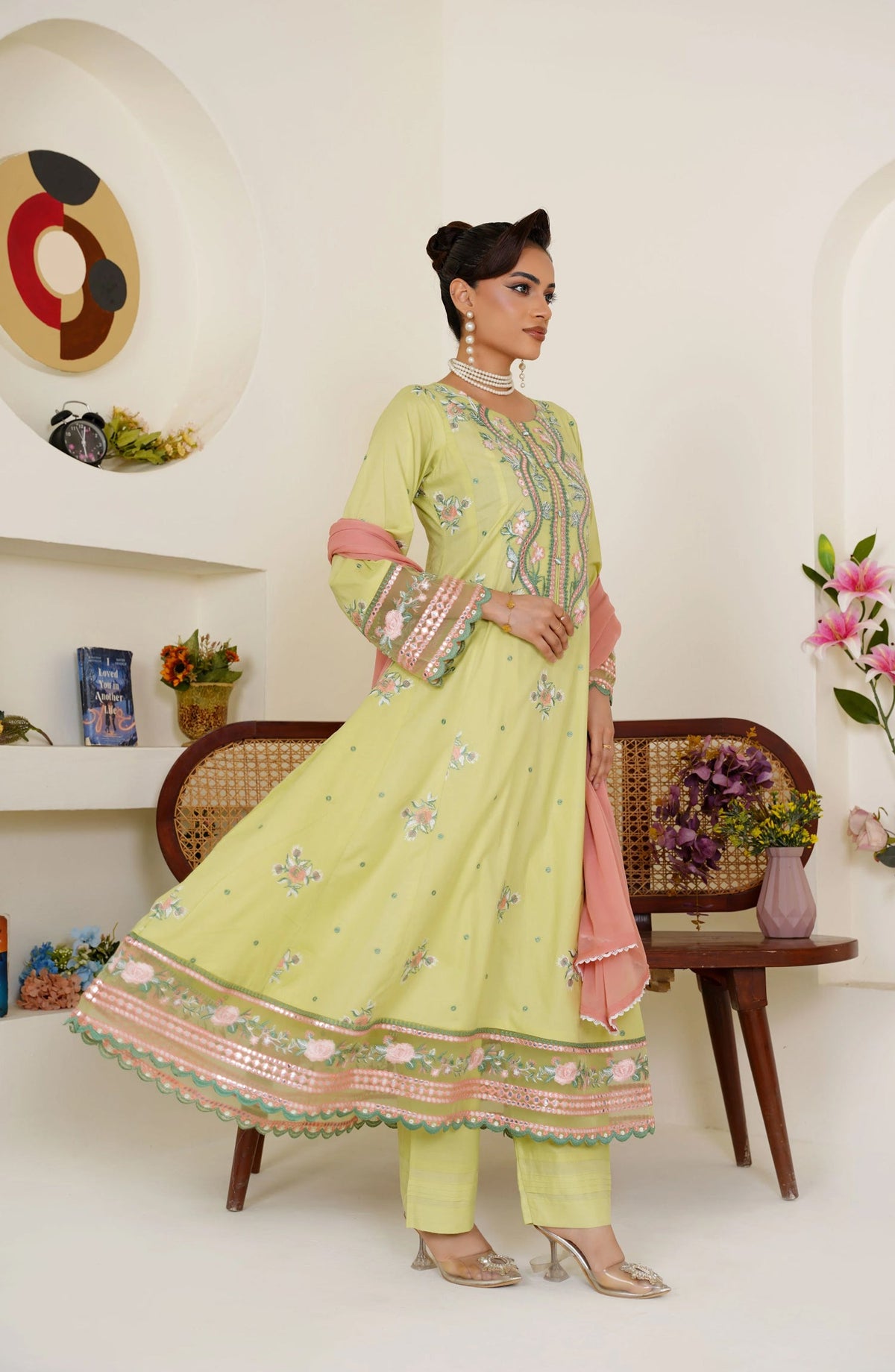 Threads & Weaves Embroidered Lime Green 3-Piece Ready-to-Wear Lawn Suit with Peach Dupatta TNW25LN