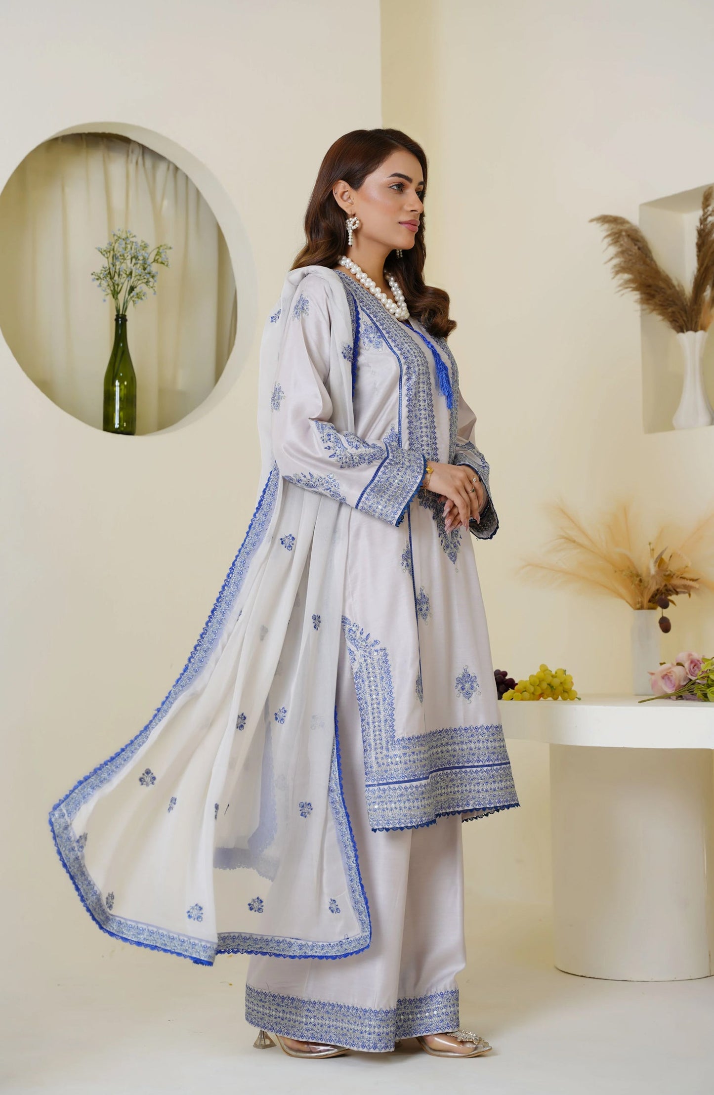 Threads & Weaves Icy Lavender & Blue Embroidered Viscose 3-Piece Suit Ready to Wear TNW25VSC