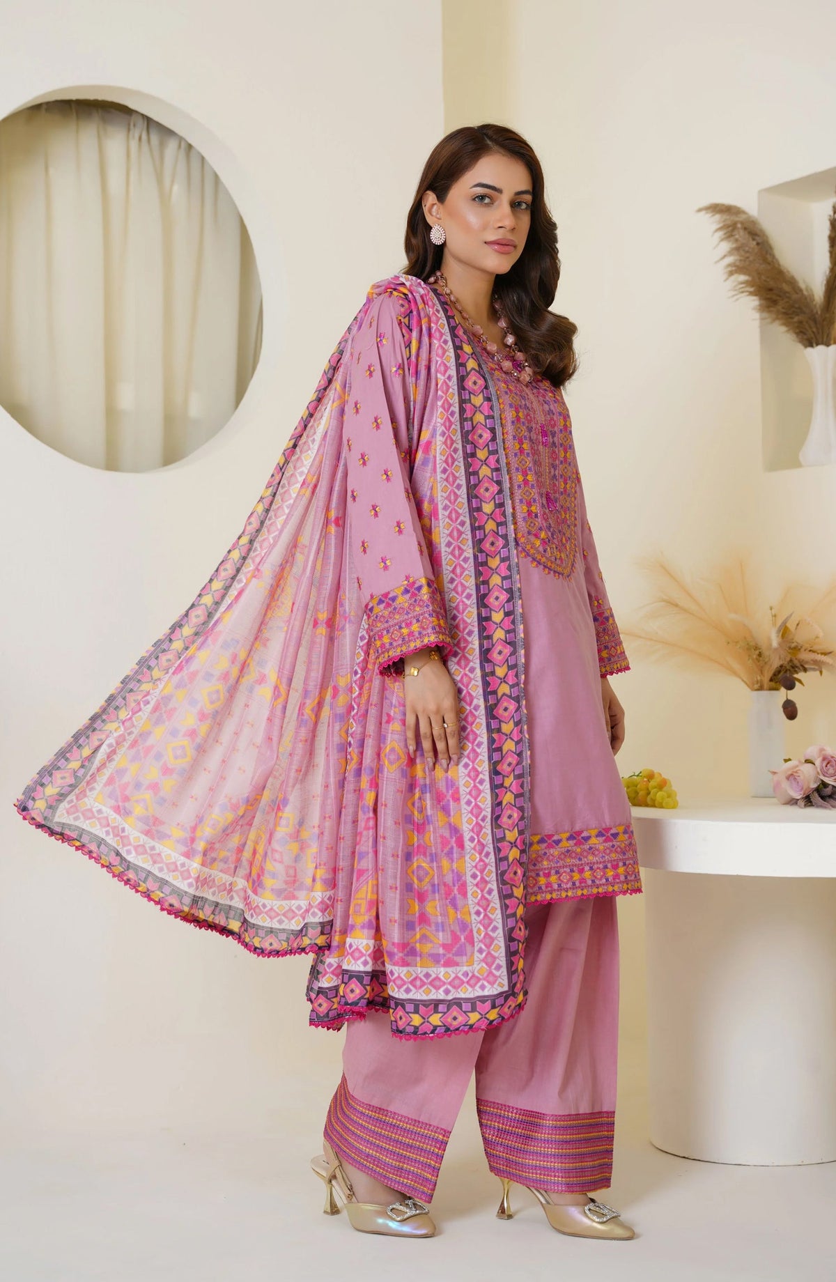Threads & Weaves Mauve Pink Embroidered Viscose 3-Piece Suit Ready to Wear TNW25VSC